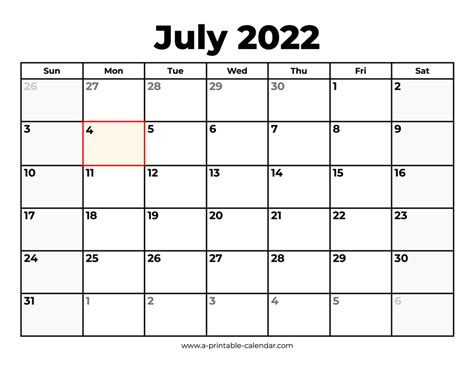 July 2022 Calendar With Holidays A Printable Calendar