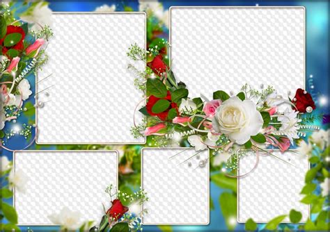 Flower photo frame collage on 5 photos. Transparent PNG Frame, PSD