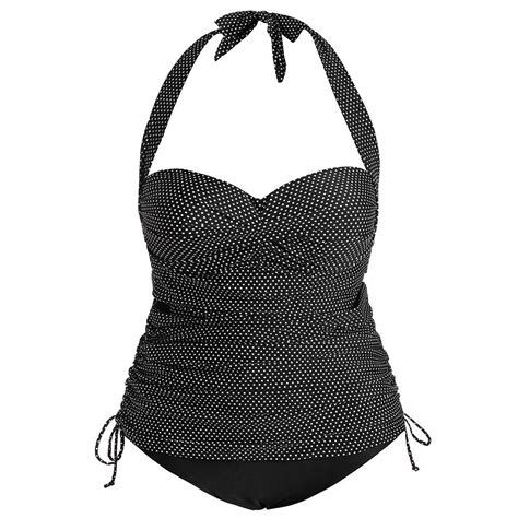 Polka Dot Halter Padded Plus Size Push Up Tankini Swimsuit Black