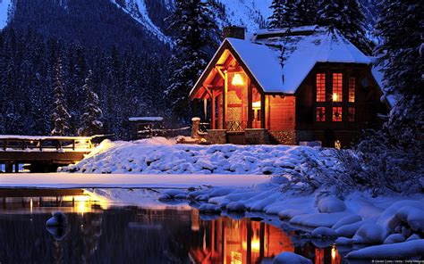Download Light Pond Snow Winter Man Made Cabin Hd Wallpaper