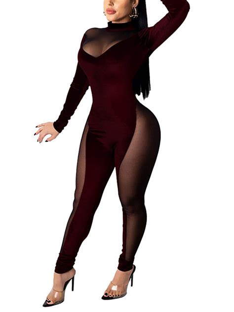 Ekaliy Velvet Jumpsuits For Women Sexy One Piece Workout Outfit Long Sleeve Bodycon Jumpsuits