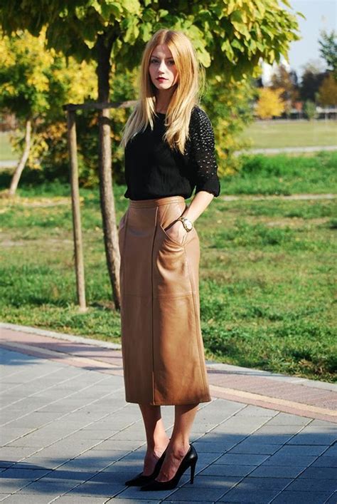 Long Tan Leather Midi Skirt Leather Pencil Skirt Outfit Tan Leather Skirt Long Leather Skirt