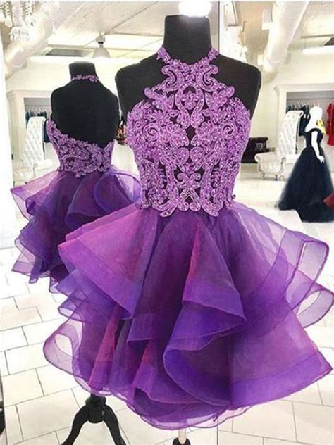 Short Backless Purple Organza Lace Prom Dresses Short Purple Lace For