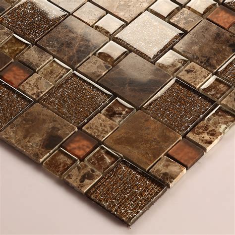 Brown Crystal Glass Mosaic Tile Natural Marble Tile Stone