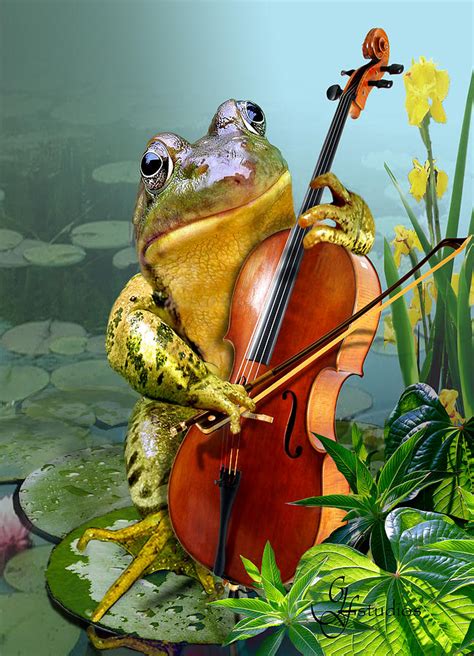 Humorous Scene Frog Playing Cello In Lily Pond By Gina Femrite Frog
