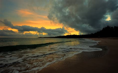 Sunset Water Sea Beach Evening Clouds Ocean Wallpapers Hd