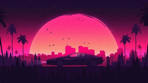 Download Pink City Sunset With Car Wallpaper