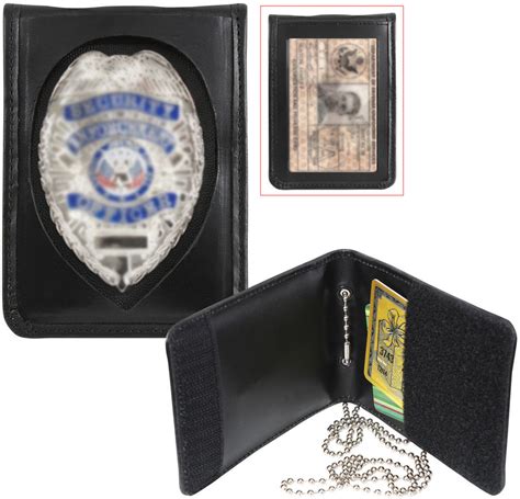 Black Leather Id Holder And Neck Chain Wallet Badge Case Law Enforcement