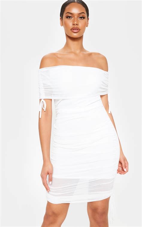 White Mesh Ruched Side Bardot Bodycon Dress Prettylittlething