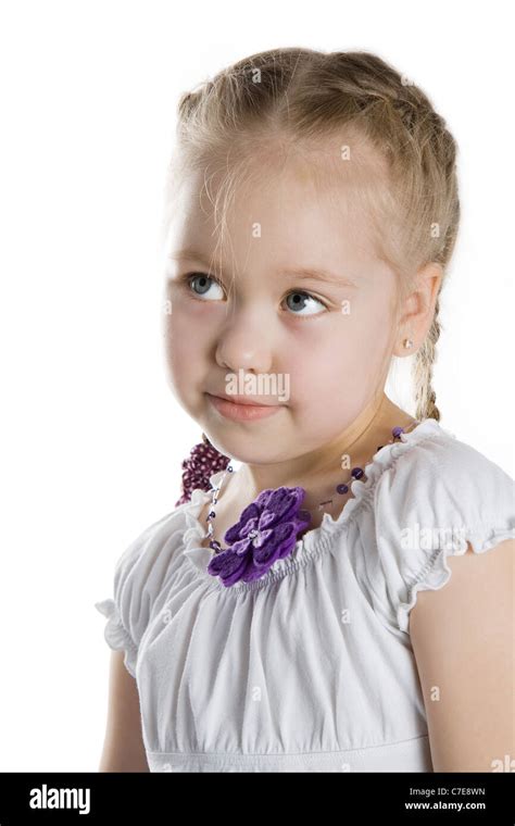 Little Girl Smile And Looking Upwards White Isolated Stock Photo Alamy