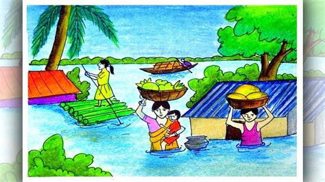 How To Draw Scenery Of Flood Easy And Simple Draw Flood In Bangladesh