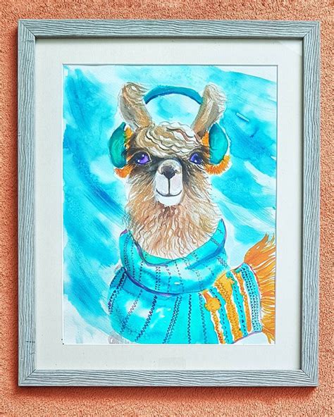 Llama In Scarf Original Watercolor Painting Cute Wall Art Etsy