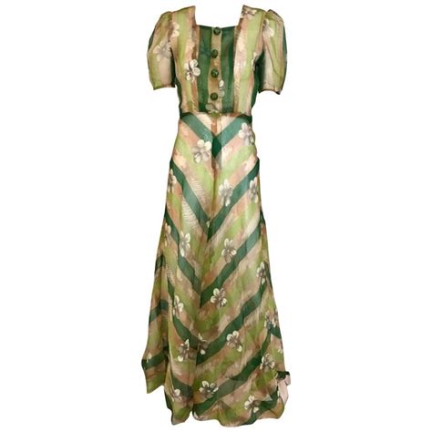 1930s Green Floral Print Silk Organza Summer Dress For Sale At 1stdibs
