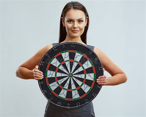 smiling business woman hold darts target stock image image of people corporate 104922129
