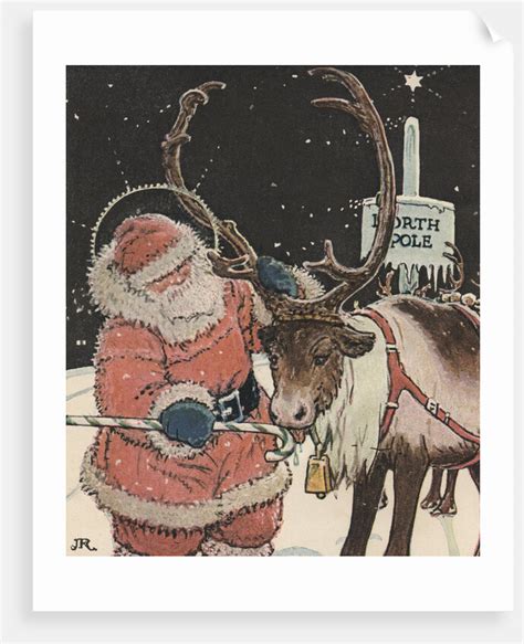 illustration of santa feeding reindeer candy cane posters and prints by john rae