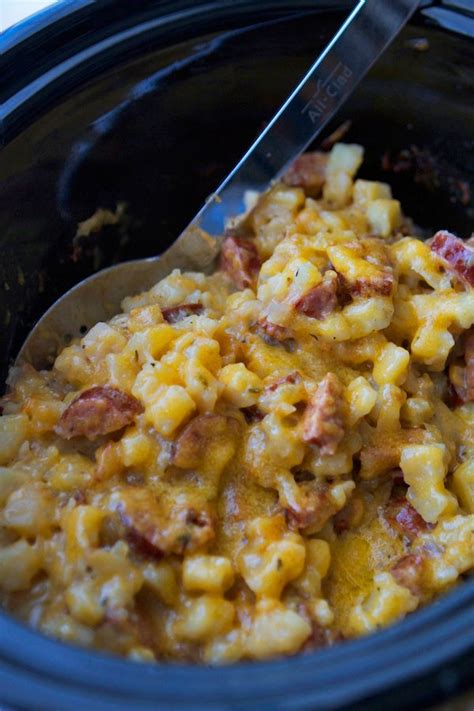 In a large bowl, stir together cheese mixture, pepper mixture, sausage, and hash browns until well combined. Crockpot Hashbrown Casserole with Smoked Sausage | Lauren ...