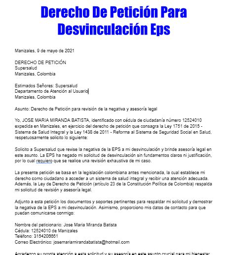 Derecho De Peticion Para Desvinculacion Eps