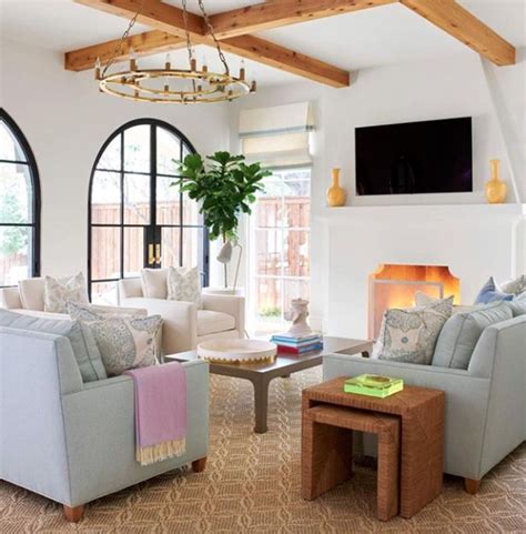 A Living Room Filled With Furniture And A Fire Place In Front Of Two