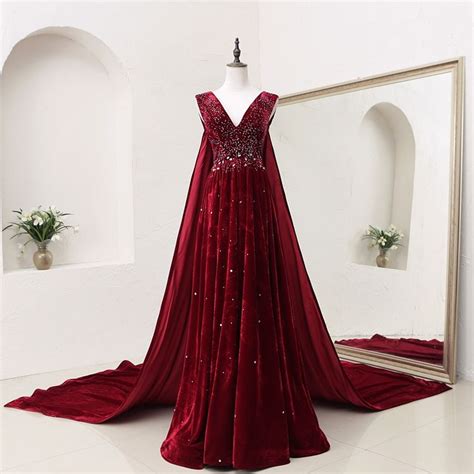 Dark Red Velvet Long Prom Gown Evening Party Dress With Beadings
