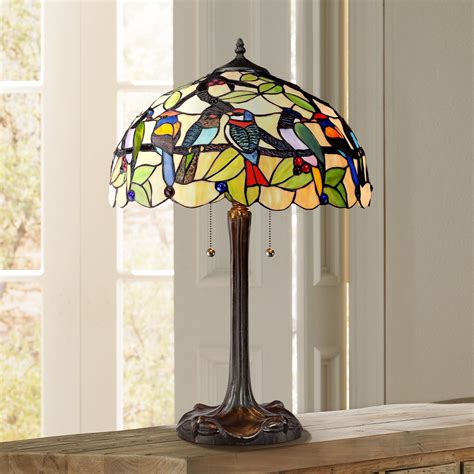 Robert Louis Tiffany Traditional Table Lamp Bronze Tropical Birds Stained Glass Shade For Living