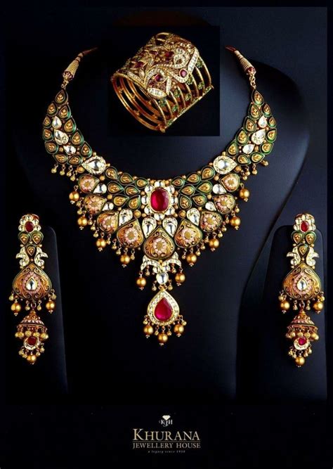 Enamel Gold Necklace Earrings Set With Rubies And Uncuts From Khurana Jewellery House
