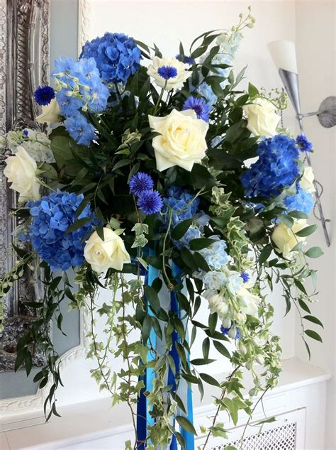 Flower Ball Pedestal Of Blue Delphiniums Roses Cornflowers By