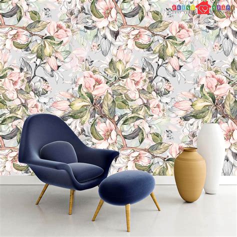 Removable Floral Wallpaper With Large Pink Pastel Flowers Etsy India