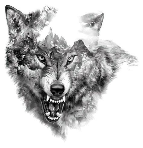 Great Black And Gray Snarling Wolf With Mountains Inside Style Black
