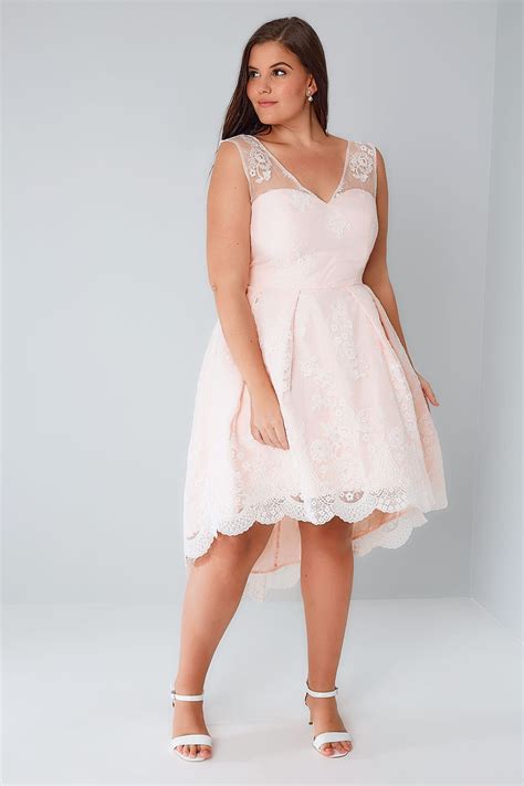 CHI CHI Nude Pink Floral Lace Overlay Dress With Dipped Hem Plus Size