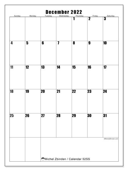 Printable December 2022 “52ss” Calendar Michel Zbinden En