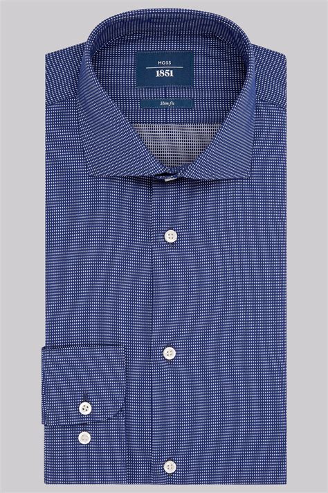 Moss 1851 Slim Fit Navy Single Cuff Textured Shirt Buy Online At Moss