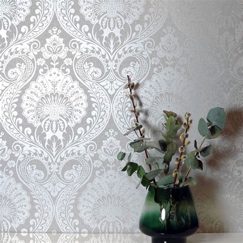 Arthouse Silver Wallpaper Floral Damask Trees Glitter Stripe Rose