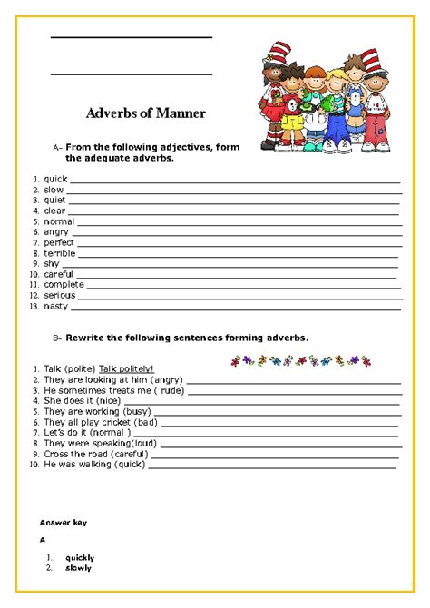 Learn the definition and useful rules of adverbs manners, ways of forming adverbs from adjectives with examples and esl printable. Adverbs of Manner Elementary Worksheet