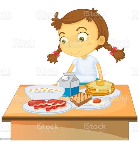 A Girl Eating Breakfast On White Background Stock Illustration