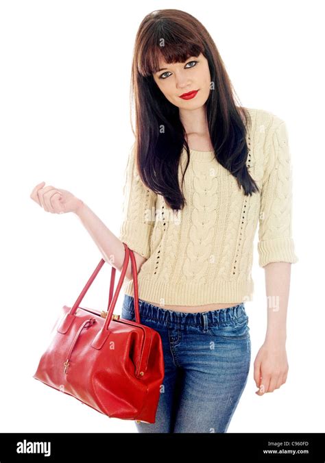 Young Woman Holding A Red Handbag Model Released Stock Photo Alamy