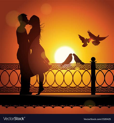 Silhouette Of Couple In Love Kissing At Sunset Vector Image