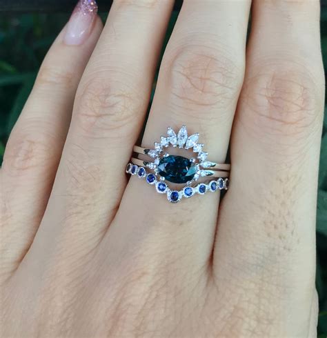 Ct Dark Blue Sapphire Engagement Piece Ring Set Genuine Oval Sapphire Bridal Ring Set