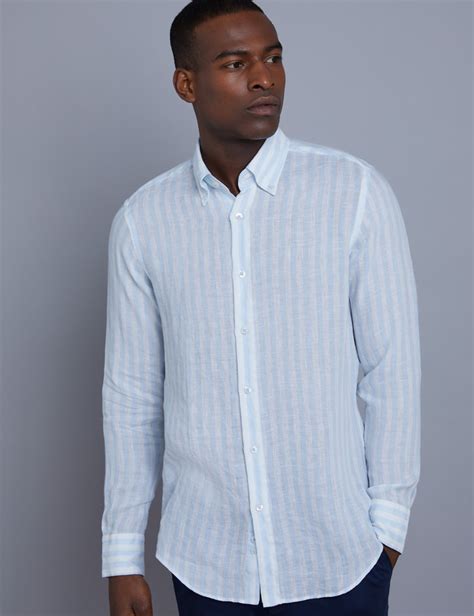 Mens Blue And White Stripe Slim Fit Linen Shirt Single Cuff Hawes