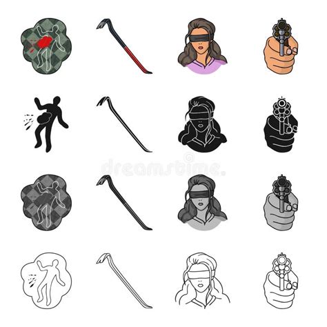 Crime Scene Scrap Picklock Girl Hostage Directed Gun In Hand Crime Set Collection Icons In