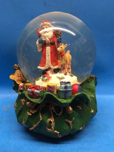 Vintage Musical Ceramic Christmas Snow Globe Santa And Ruldouph Snowdome