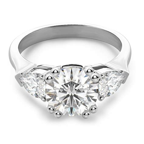 Double Prong Round And Pear Shape Side Diamond Three Stone Engagement