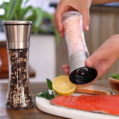 2pcsset Salt And Pepper Grinder Set Stainless Steel Pepper Mill And With Glass Body And With