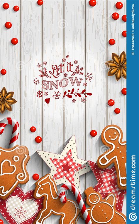 Mobile Phone Christmas Wallpaper Gingerbread And Ornaments On Wood Stock Vector Illustration
