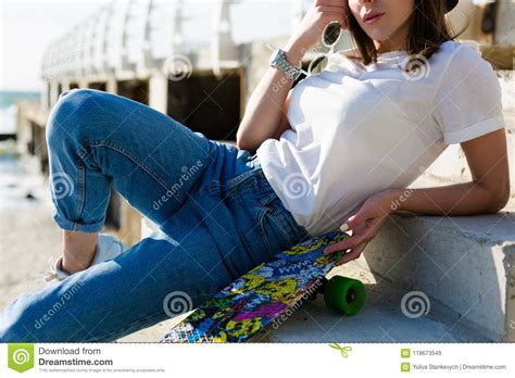 Woman With A Skateboard On A Beach Stock Image Image Of Lifestyle
