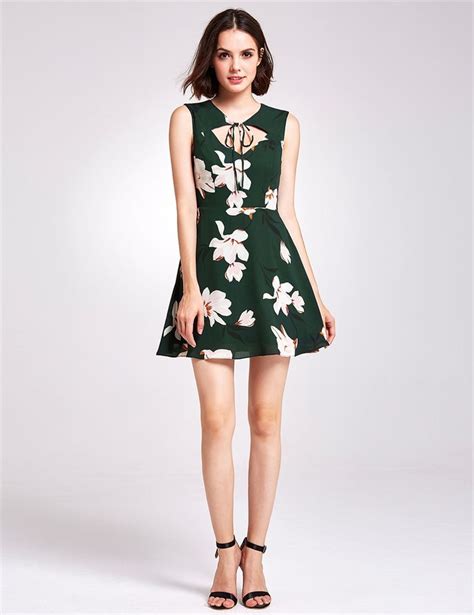 Dark Green Floral Sleeveless Knee Length A Line Dress With Keyhole In
