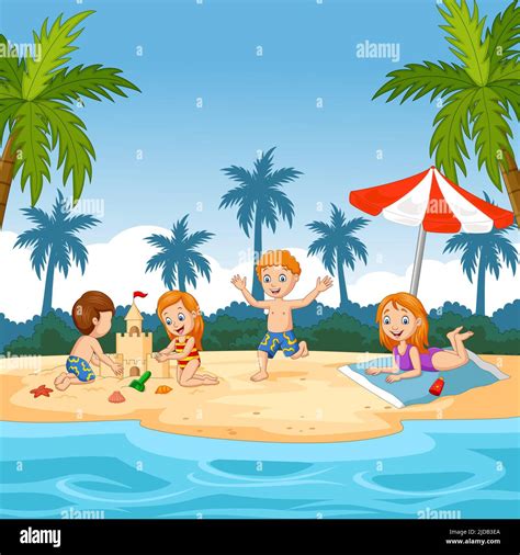 Cartoon Happy Children Playing At The Beach Stock Vector Image And Art
