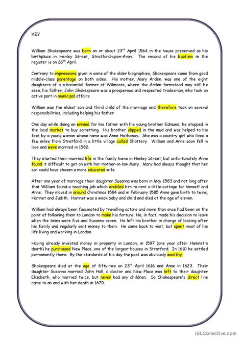 WILLIAM SHAKESPEARE Reading For Deta English ESL Worksheets Pdf Doc