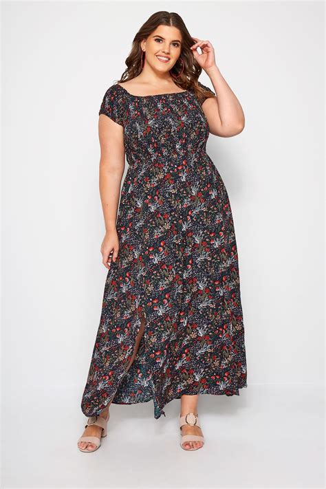 Navy Floral Shirred Maxi Dress Sizes 16 40 Yours Clothing