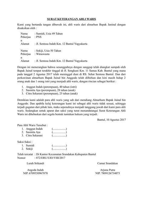 Dilansir dari hukumonline.com, surat keterangan ahli waris untuk warga negara indonesia (wni) harus dibuat dengan ditandatangani dua orang saksi. Contoh Surat Kuasa Waris - 600 Tips