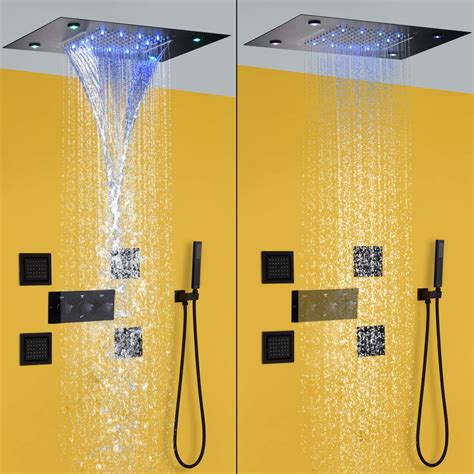 Dulabrahe Waterfall And Rain Shower System Faucet Set 14 X 20 Inch Led Ceiling Rainfall Matte